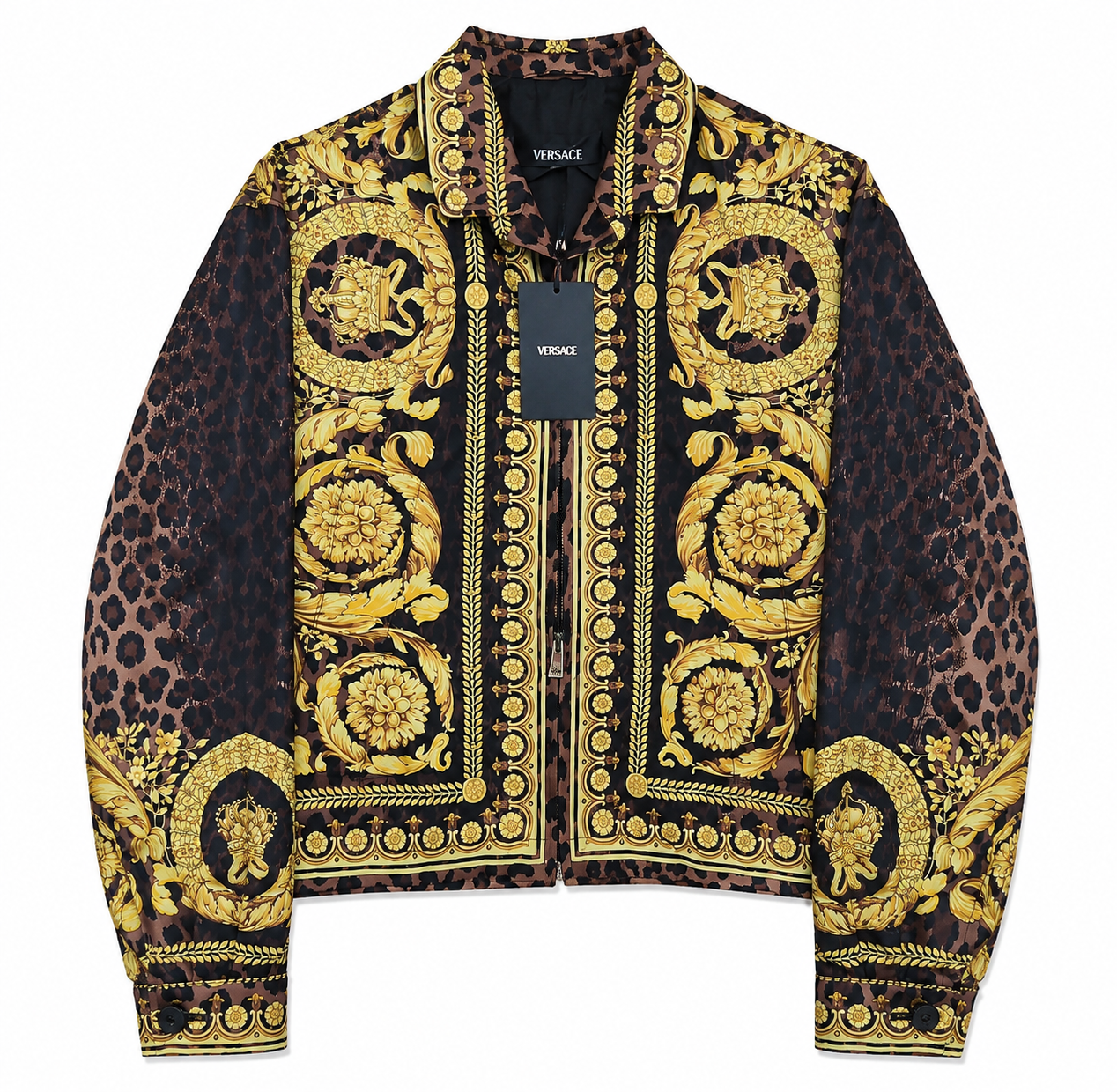 Versace jacket with gold and black pattern on a white background