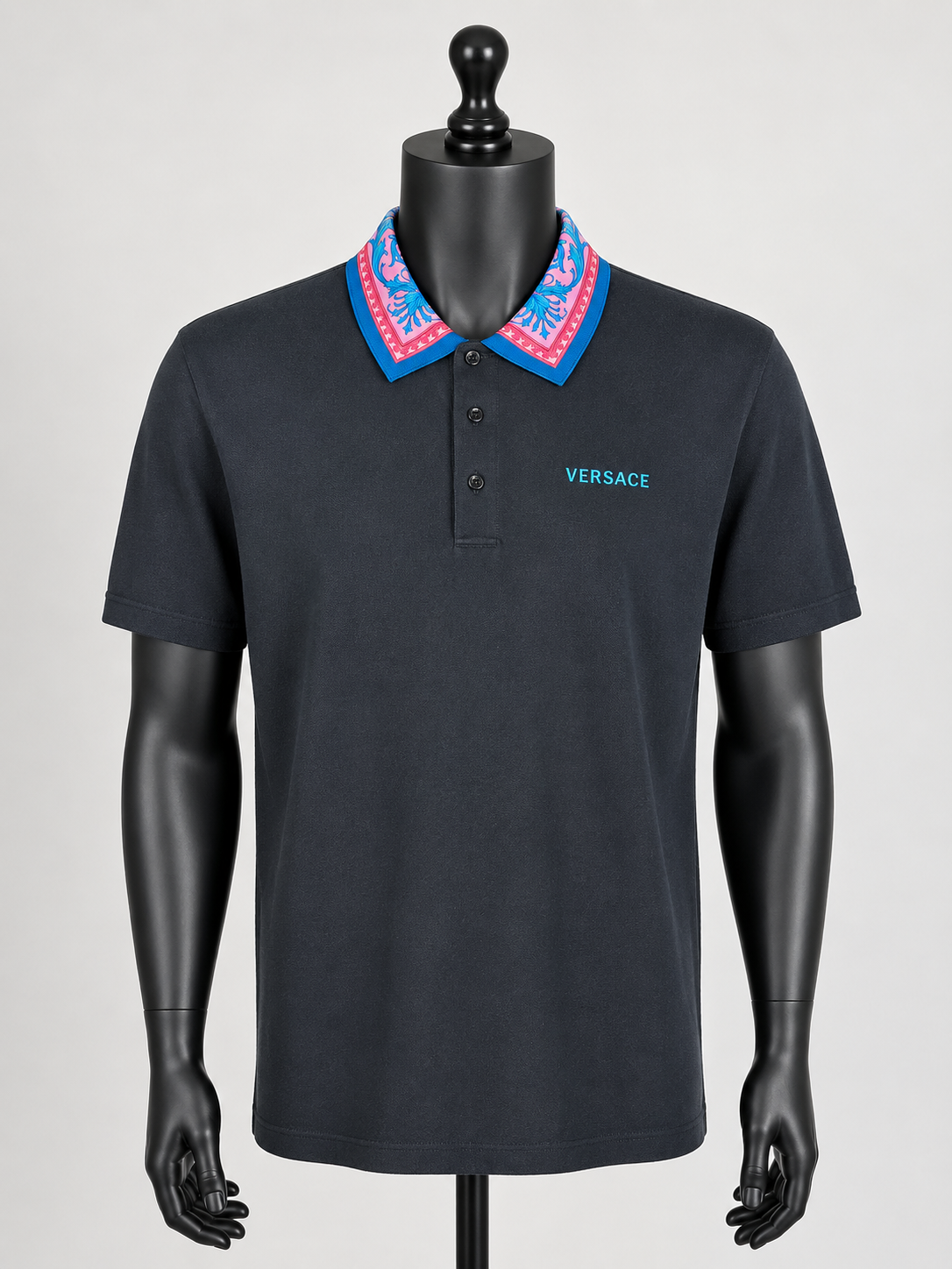 Versace Men's Black Polo with Pink and Blue Barocco Silk Print Collar - Front on Mannequin