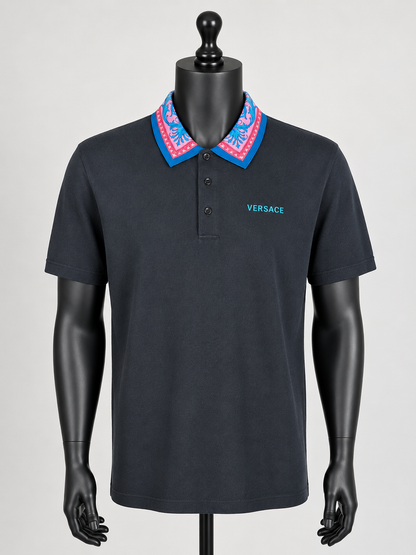 Versace Men's Black Polo with Pink and Blue Barocco Silk Print Collar - Front on Mannequin