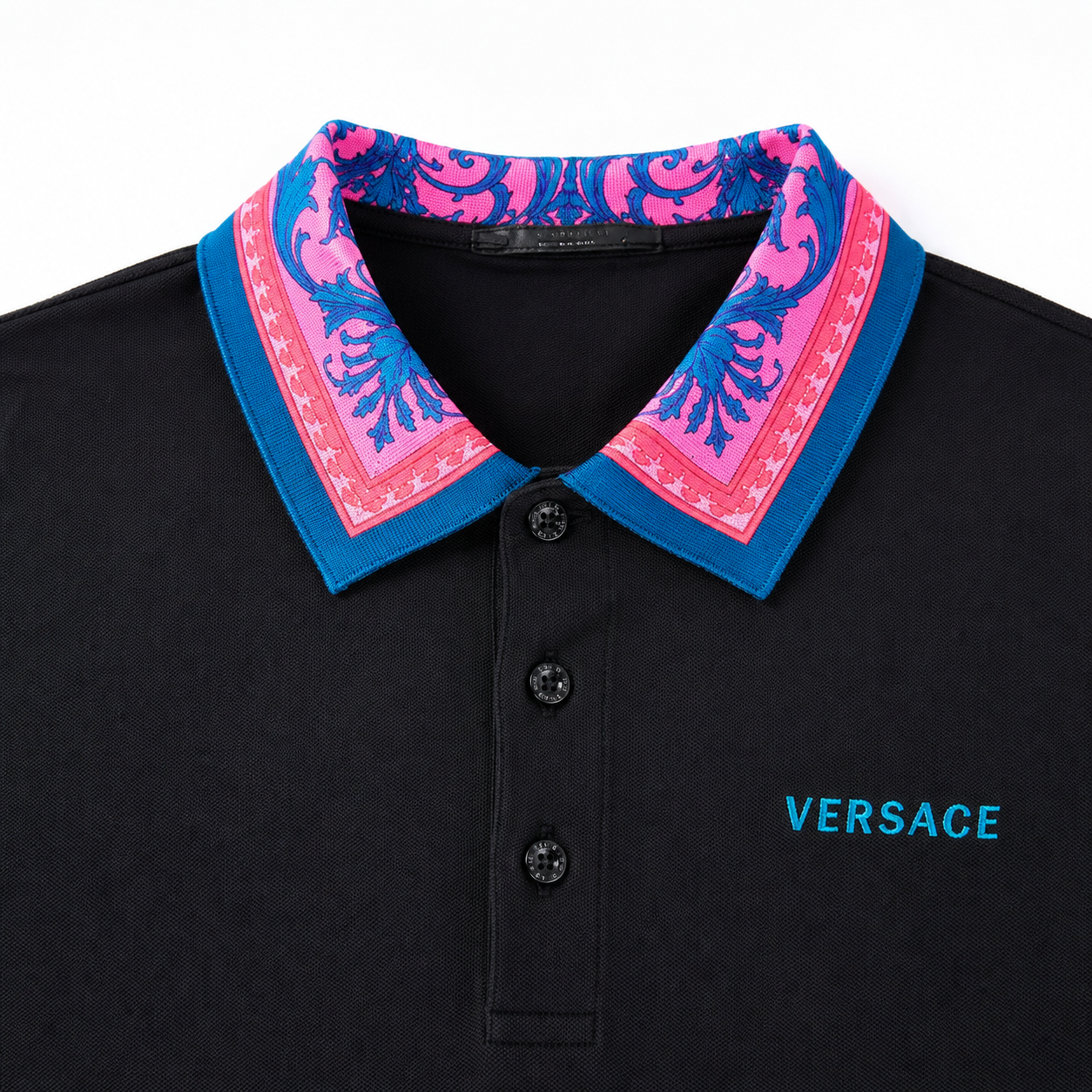 Versace Men's Black Polo with Pink and Blue Barocco Silk Print Collar - Front View 2