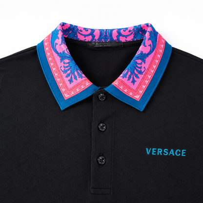 Versace Men's Black Polo with Pink and Blue Barocco Silk Print Collar - Front View 2