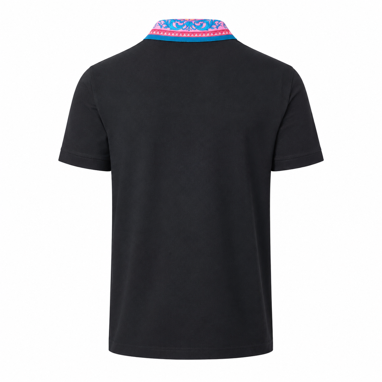 Versace Men's Black Polo with Pink and Blue Barocco Silk Print Collar - Back View