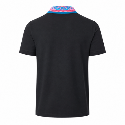 Versace Men's Black Polo with Pink and Blue Barocco Silk Print Collar - Back View
