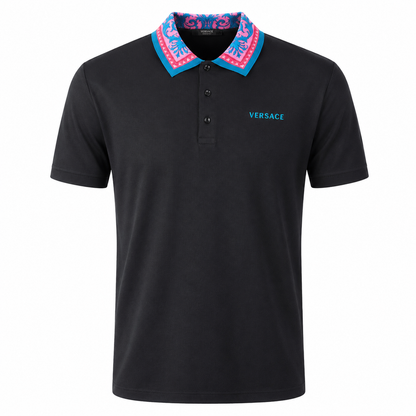 Versace Men's Black Polo with Pink and Blue Barocco Silk Print Collar - Front View