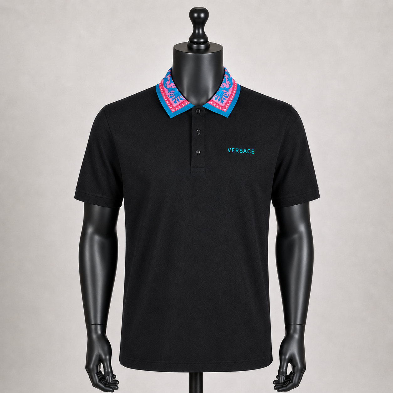 Versace Men's Black Polo with Pink and Blue Barocco Silk Print Collar - Front View 3