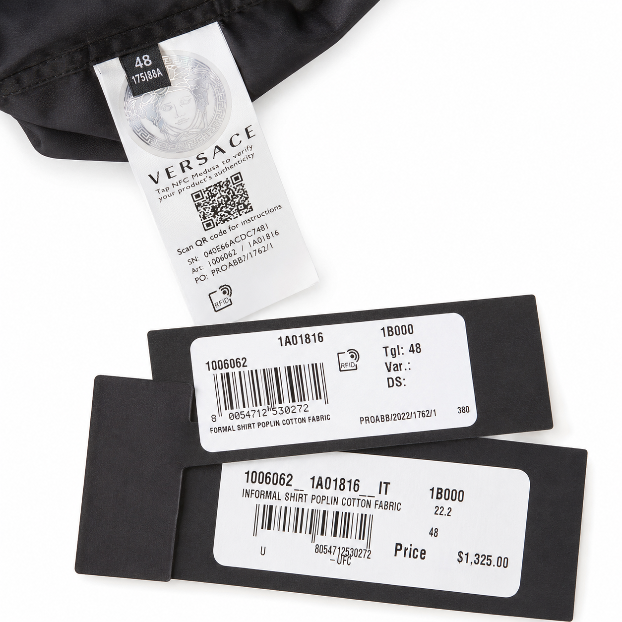 Loved By Lea: Versace Tribute Collection black shirt original tags showing style 1A01816 EU size 48 retail price $1325 with NFC Medusa authenticity chip