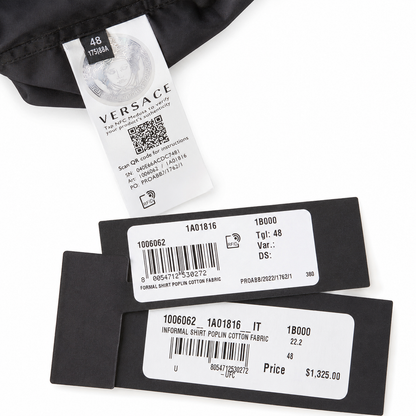 Loved By Lea: Versace Tribute Collection black shirt original tags showing style 1A01816 EU size 48 retail price $1325 with NFC Medusa authenticity chip