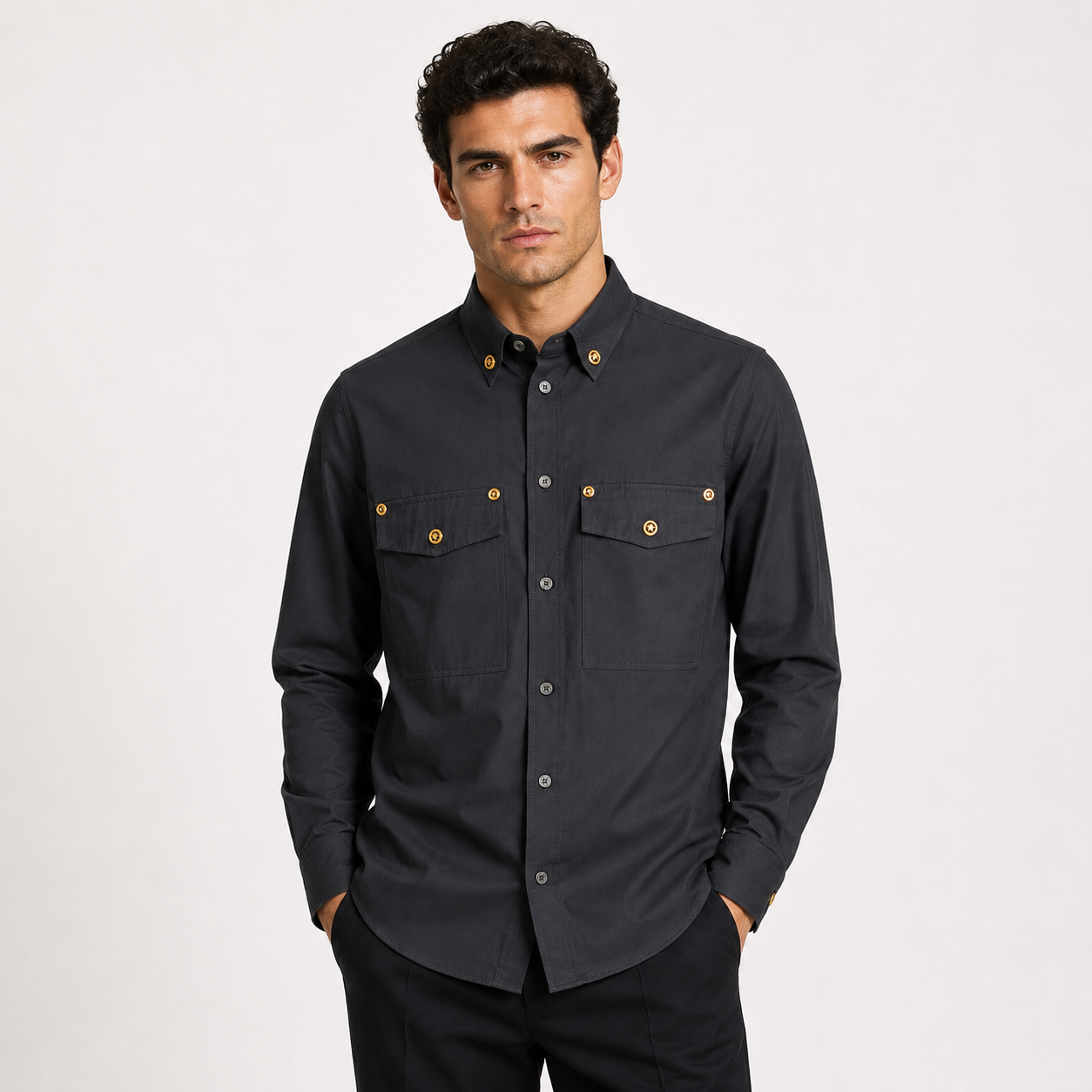 Loved By Lea: Versace Tribute Collection black poplin cotton shirt worn on male model showing gold Medusa buttons and dual chest pocket detail