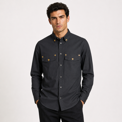 Loved By Lea: Versace Tribute Collection black poplin cotton shirt worn on male model showing gold Medusa buttons and dual chest pocket detail