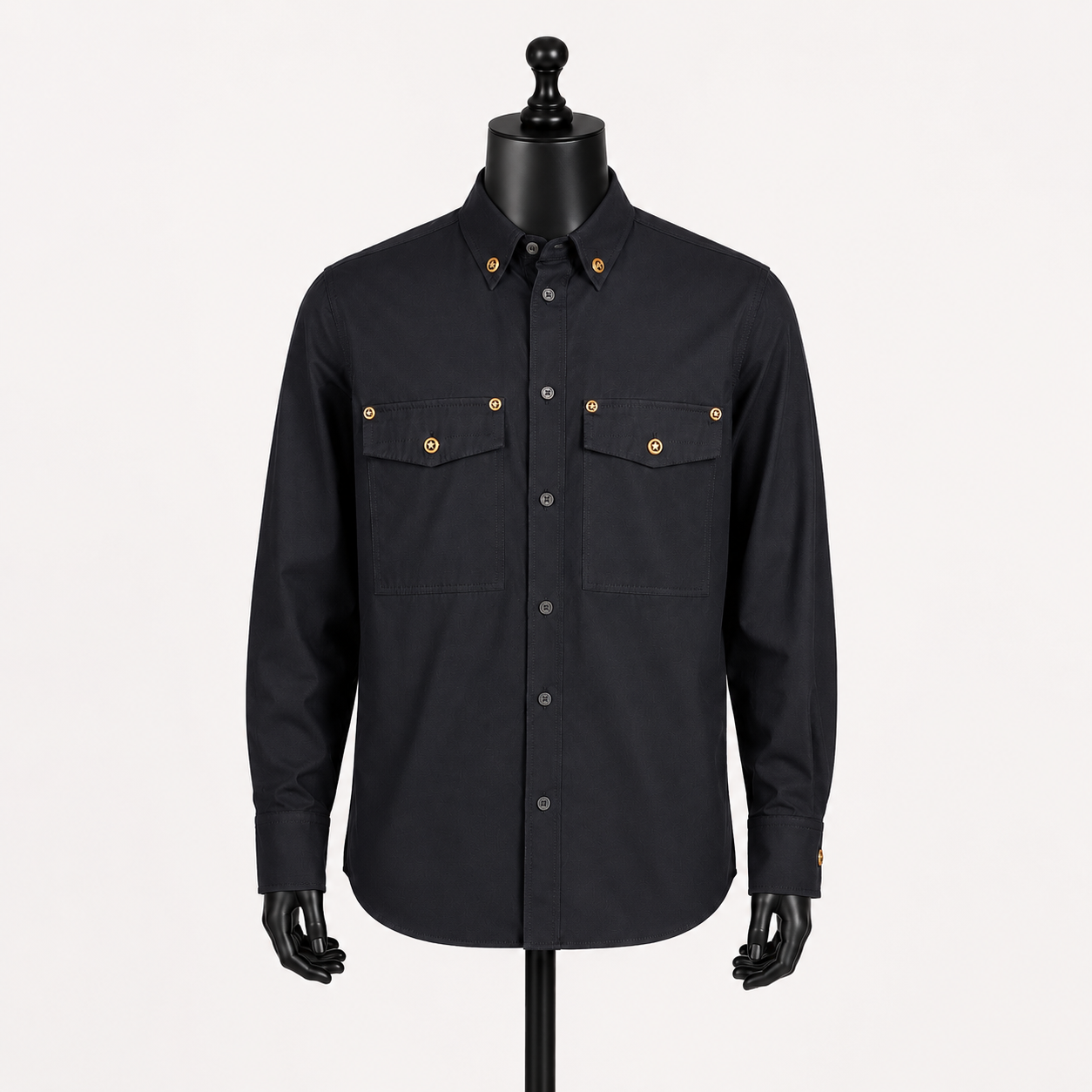 Loved By Lea: Versace Tribute Collection black poplin cotton shirt front view on mannequin without tags showing full button placket and Medusa button detail