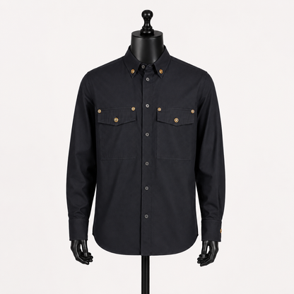 Loved By Lea: Versace Tribute Collection black poplin cotton shirt front view on mannequin without tags showing full button placket and Medusa button detail