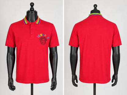 Versace Red Rainbow Stripe Polo Shirt | Men's 2XL | Like New | Loved By Lea