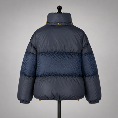 Versace La Greca Short Down Jacket | Midnight Blue | Italian Size 52 (US L/XL) | Loved By Lea