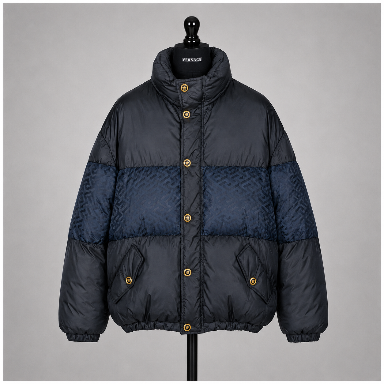 Versace La Greca Short Down Jacket | Midnight Blue | Italian Size 52 (US L/XL) | Loved By Lea
