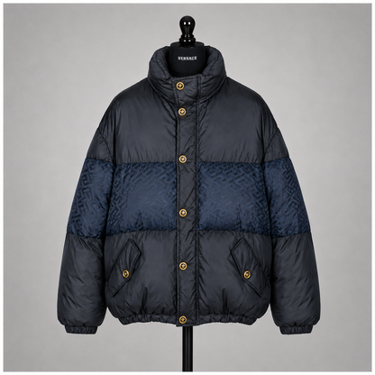 Versace La Greca Short Down Jacket | Midnight Blue | Italian Size 52 (US L/XL) | Loved By Lea