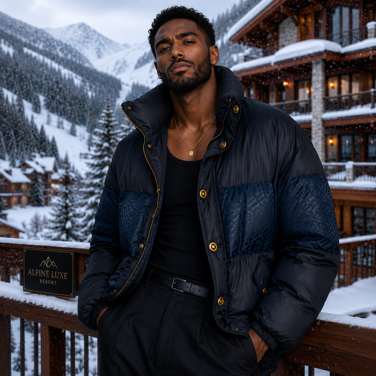 Versace La Greca Short Down Jacket | Midnight Blue | Italian Size 52 (US L/XL) | Loved By Lea