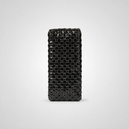 Black beaded clutch bag on a light gray background