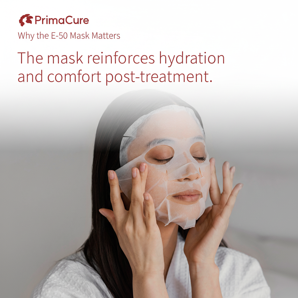 Person applying a face mask with PrimaCure branding and text about mask benefits.