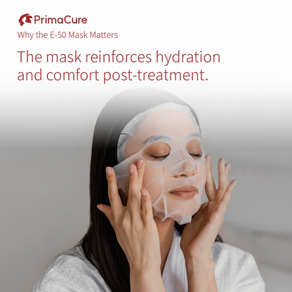 Person applying a face mask with PrimaCure branding and text about mask benefits.