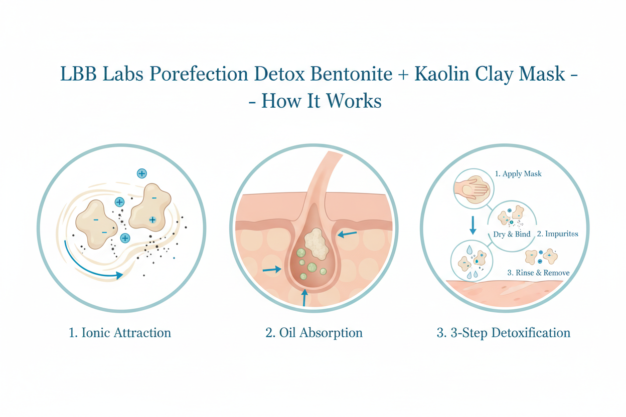  a square science slide showing how the medical-grade mask works - LBB Labs Porefection Detox Bentonite + Kaolin Clay Mask