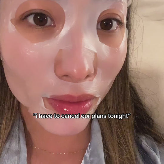 Chloe relaxing in pajamas while wearing the PrimaCure E-50 Pink Caviar Salmon Exosome Face Mask.