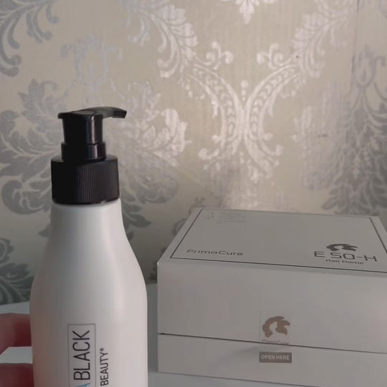 Jessica  shampooing her hair, preparing PrimaCure E-50H salmon exosome serum and applying it directly to her scalp.